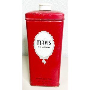 Vtg  Mavis Vivaudou Talcum Powder Metal Tin w/ Powder~ 10  oz ~ Plastic Lid ~GUC